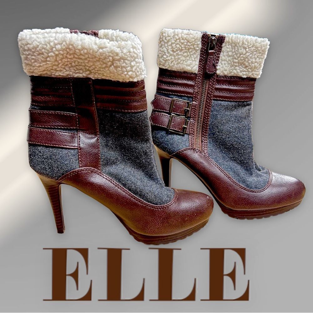 Women's Elle Ankle Gray & Brown Boots - Faux Fur Trim High Heel Sz. 8